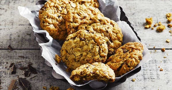 Peanut butter, oat and choc chip cookies