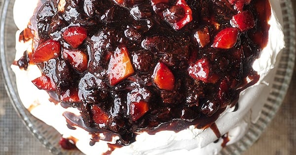 Pavlova with Mascarpone Whipped Cream & Balsamic Strawberry Sauce