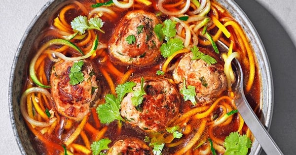 Spiralized veggie noodle soup with prawn and pork meatballs