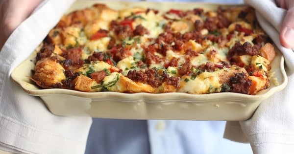 Spicy Breakfast Strata with Chorizo, Red Pepper, and Cheddar