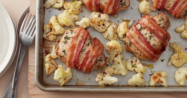 Bacon-Wrapped Pork Chops and Cauliflower Sheet-Pan Dinner