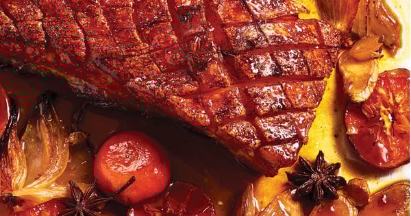 Roast pork belly with clementine and star anise