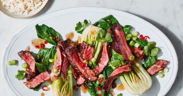 Sticky tamarind steak with miso pak choi