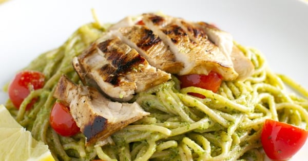 Basil and Goat Cheese Pesto Pasta with Tomatoes and Chicken