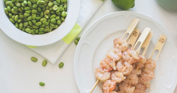 Shrimp kebabs, fresh wasabi edamame cappuccinos and garlic-thyme-ginger butter