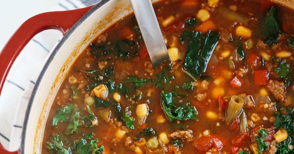 One Pot Spicy Sausage and Kale Soup