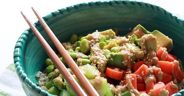 Veggie Roll Sushi Bowl with Creamy Sesame-Wasabi Dressing