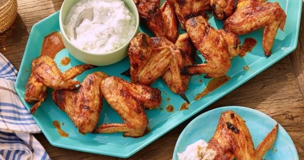 Grilled Chicken Wings with Spicy Chipotle Hot Sauce and Blue Cheese-Yogurt Dipping Sauce