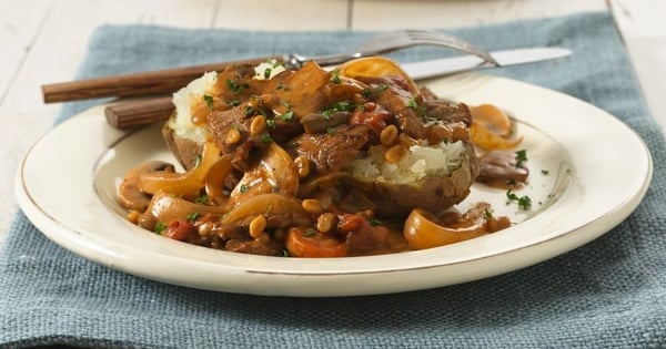 Beef and Vegetable Stroganoff-Topped Potato