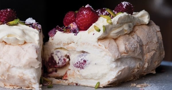 Meringue Roulade with Rose Petals and Fresh Raspberries