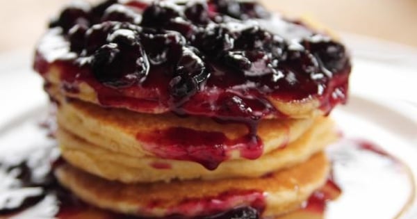 Cornmeal Pancakes with Blueberry Syrup
