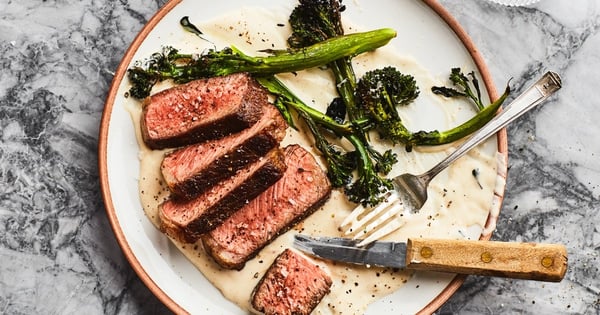 Charred Steak and Broccolini with Cheese Sauce