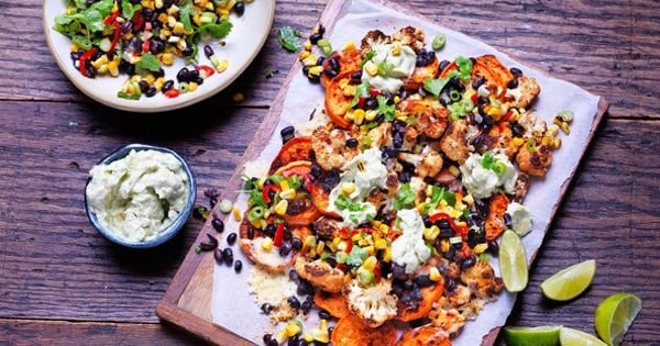 Sweet potato and cauliflower nachos with chargrilled corn salsa