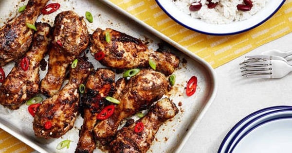 Caribbean - style Jerk chicken and rice and peas