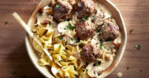 Saucy swedish meatballs over egg noodles