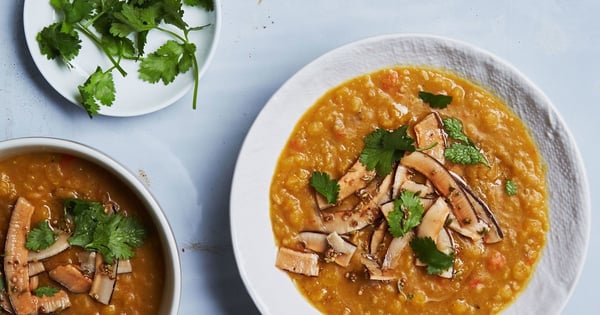 Curried Yellow Split Pea Soup with Spiced Coconut