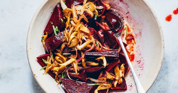 Beet Salad with Pickled Mushrooms and Caramelized Shallots