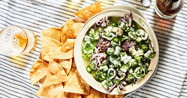 Ceviche Verde with Homemade Tortilla Chips