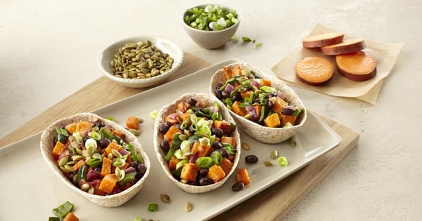 Vegetarian Sweet Potato and Black Bean Whole Wheat Tortilla Bowls