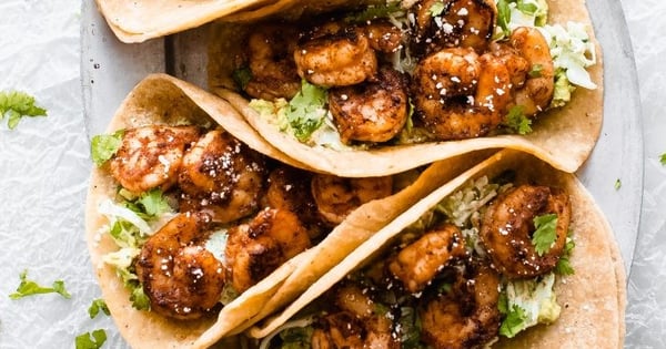 Blackened Shrimp Tacos with Smashed Avocados and Slaw