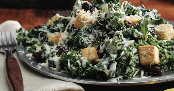 Kale caesar salad with tofu croutons