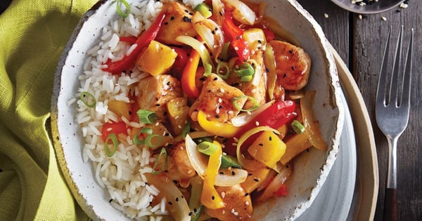 Sweet and sour chicken stir fry with pineapple and peppers
