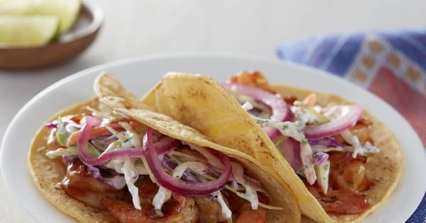 Chipotle BBQ Shrimp Tacos with Pickled Onions