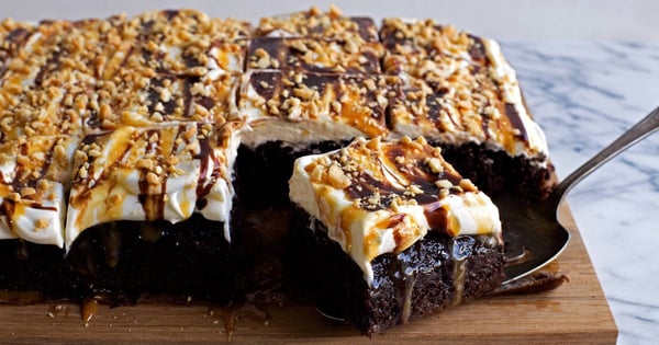 Chocolate-Caramel-Peanut Poke Cake