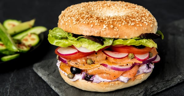 Smoked Salmon, Blueberry Cream Cheese, and Seasonal Vegetable Bagel