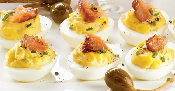 Devilled eggs with hot-smoked salmon