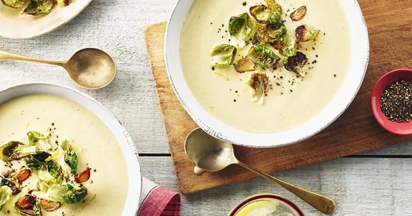 Creamy Roasted Cauliflower Soup with Garlicky Lemon Sprouts