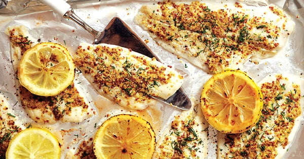 Broiled Mustard Crusted Tilapia with Charred Lemons