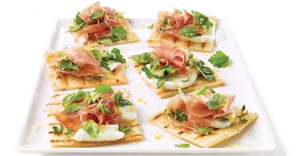 Prosciutto and mozzarella pizza, hot off the grill