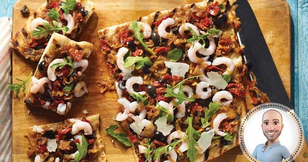 Grilled shrimp pissaladiere