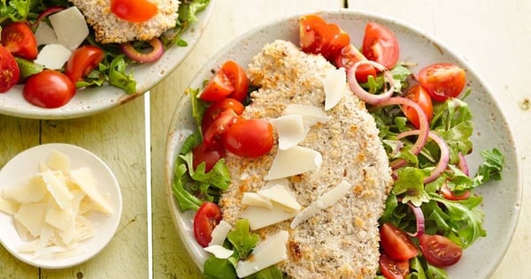 Skinny Chicken Milanese with Balsamic Arugula Salad