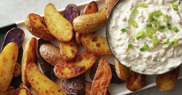 Caramelized Onion Dip with Roasted Fingerling Potatoes