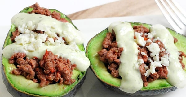 Ground Beef Stuffed Avocados with Creamy Cilantro Sauce