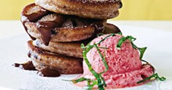 Chocolate blinis with strawberry yoghurt ice cream