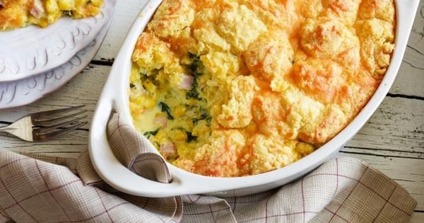 Breakfast Cornbread Casserole with Ham and Kale
