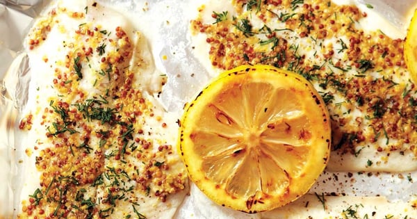 Broiled Dijon-crusted sole with lemons