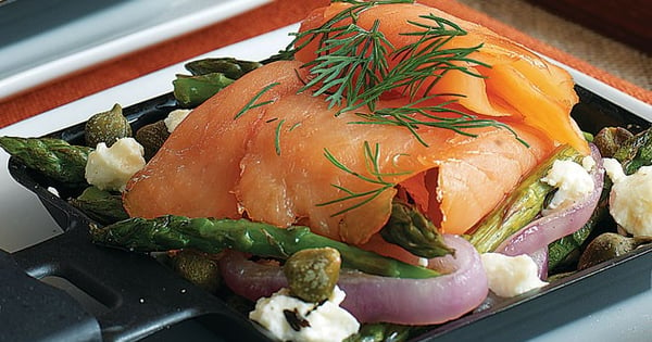 Smoked Salmon, Red onion, Asparagus and Goat Cheese Gratin
