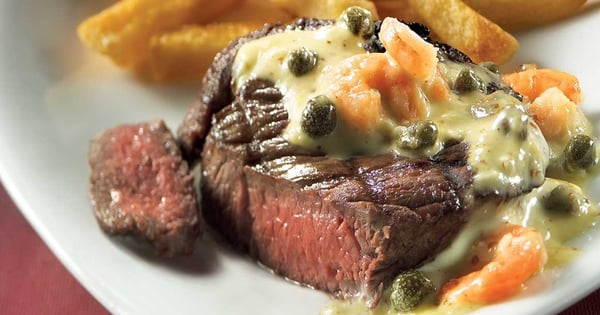 Bison tournedos with shrimp, caper and horseradish sauce