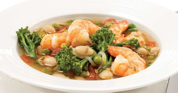 Broccolini, shrimp and fennel seed soup