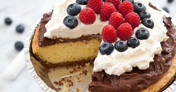 Yellow Cake Pie with Chocolate Mousse and Berries