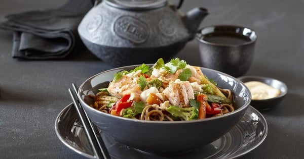 Soba noodle, vegetable and salmon bowl