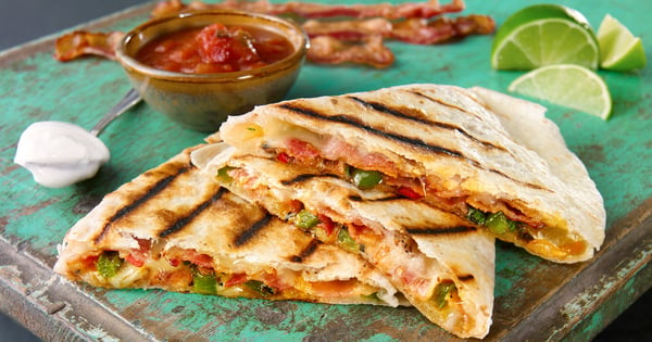 Bacon, cheese and roasted vegetable quesadillas