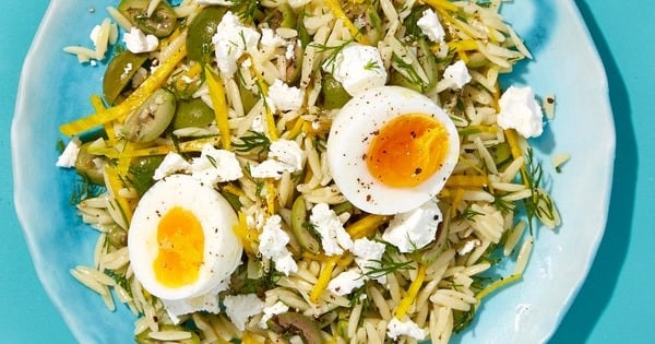 Orzo with Beets, Olives, Feta, and Soft-Boiled Eggs