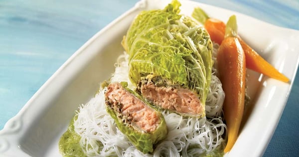 Cabbage-Wrapped Salmon on a Vegetable Coulis