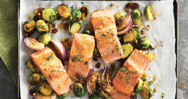 Maple-grilled salmon and Brussel sprouts