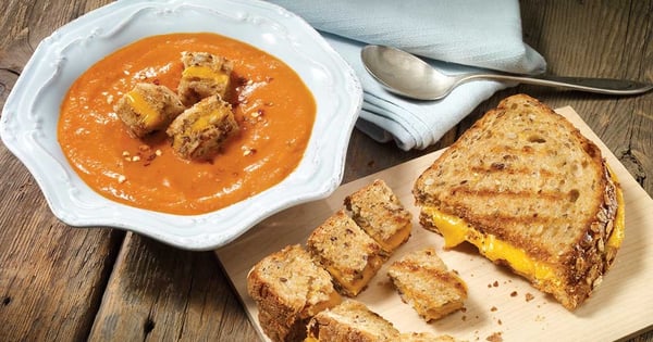 Cream of tomato soup and grilled cheese cubes